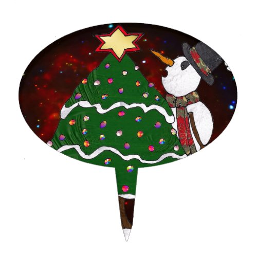 Christmas Tree Snowman Surprise Art Print Cake Topper
