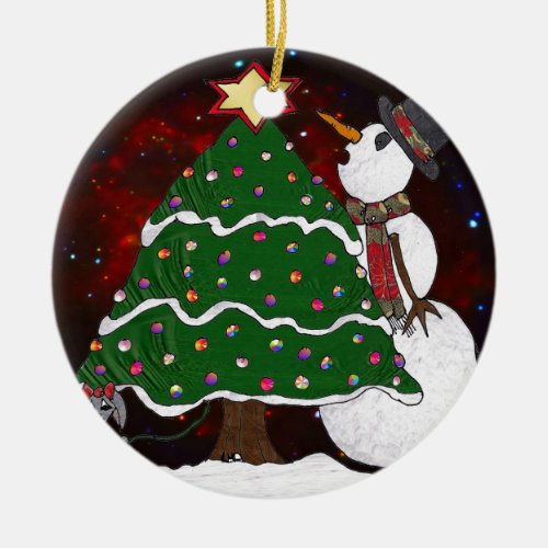 Christmas Tree Snowman Surprise Art Print Ceramic Ornament