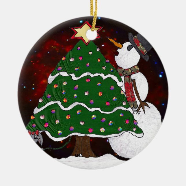 Christmas Tree Snowman Surprise Art Print Ceramic Ornament (Front)