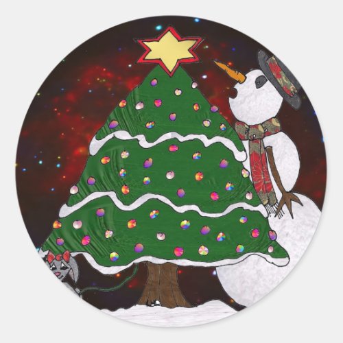 Christmas Tree Snowman Surprise Art Print Classic Round Sticker