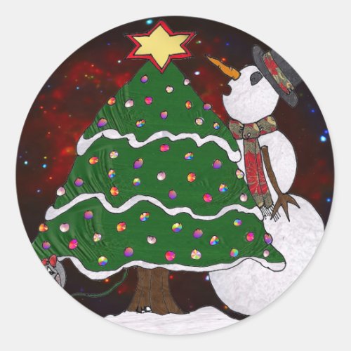 Christmas Tree Snowman Surprise Art Print Classic Round Sticker