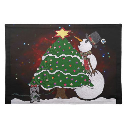 Christmas Tree Snowman Surprise Art Print Cloth Placemat