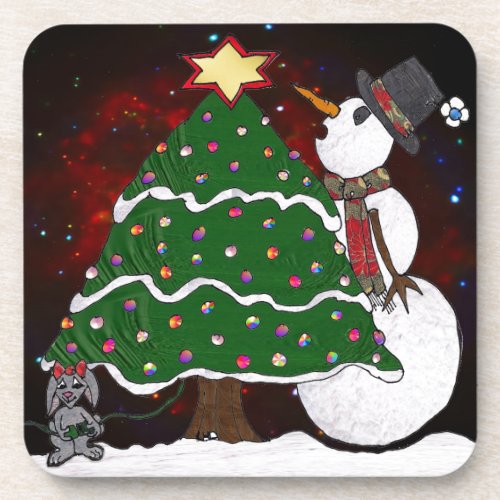 Christmas Tree Snowman Surprise Art Print Drink Coaster