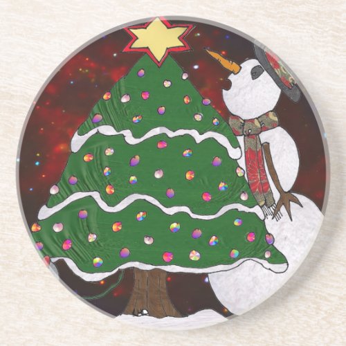 Christmas Tree Snowman Surprise Art Print Drink Coaster