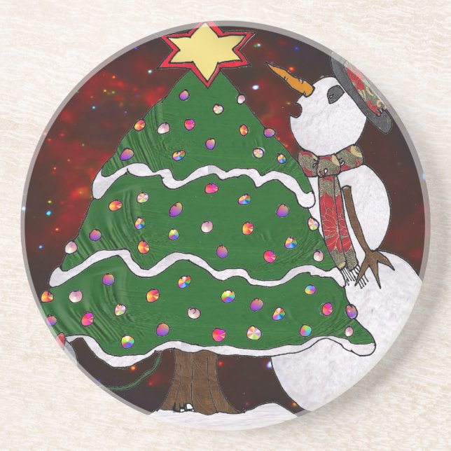 Christmas Tree Snowman Surprise Art Print Drink Coaster (Front)