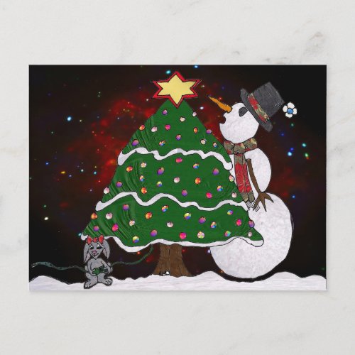 Christmas Tree Snowman Surprise Art Print Holiday Postcard
