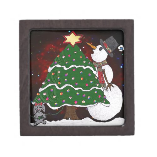 Christmas Tree Snowman Surprise Art Print Jewelry Box