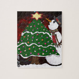 Christmas Tree Snowman Surprise Art Print Jigsaw Puzzle