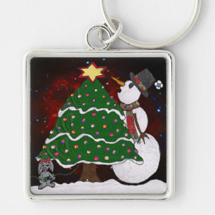 Christmas Tree Snowman Surprise Art Print Keychain