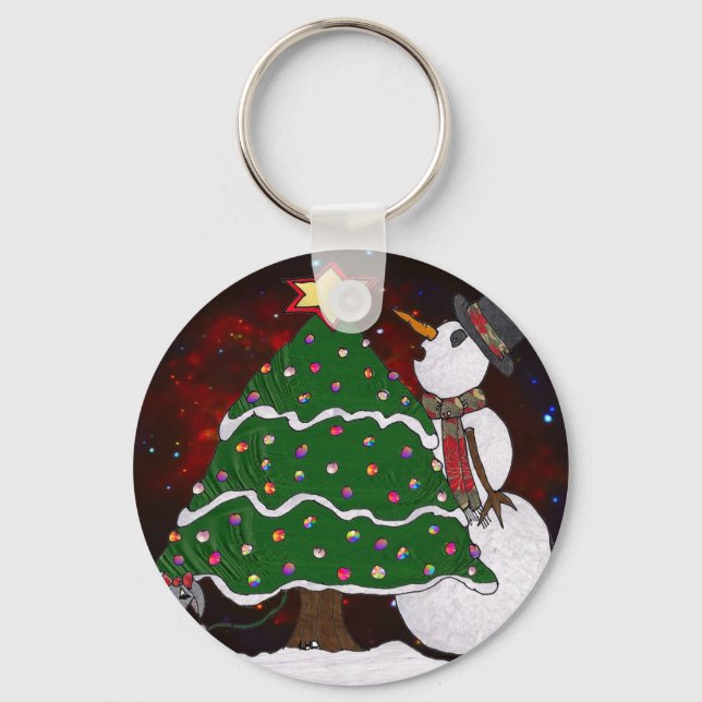 Christmas Tree Snowman Surprise Art Print Keychain (Front)