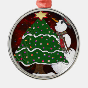 Christmas Tree Snowman Surprise Art Print Metal Ornament