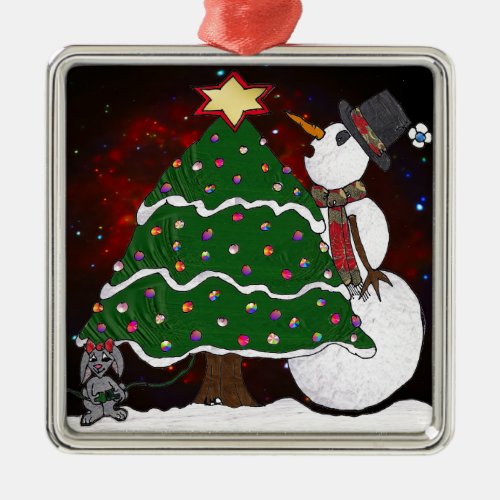Christmas Tree Snowman Surprise Art Print Metal Ornament