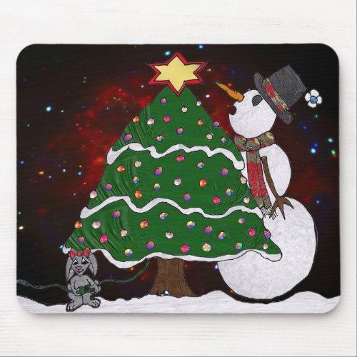 Christmas Tree Snowman Surprise Art Print Mouse Pad