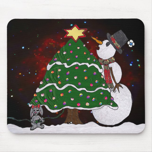 Christmas Tree Snowman Surprise Art Print Mouse Pad (Front)