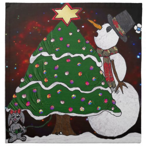 Christmas Tree Snowman Surprise Art Print Napkin