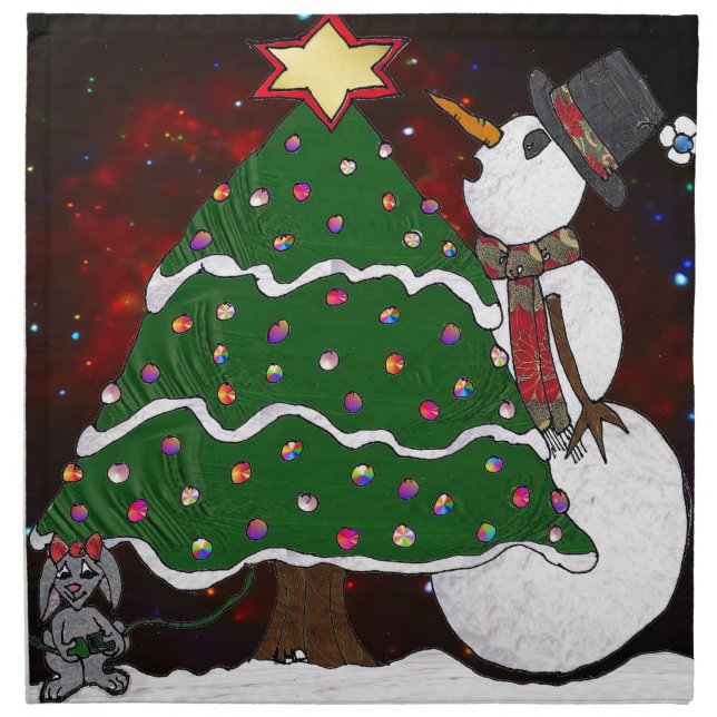 Christmas Tree Snowman Surprise Art Print Napkin (Front)