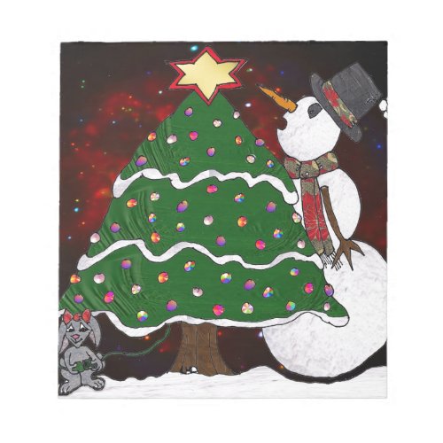 Christmas Tree Snowman Surprise Art Print Notepad