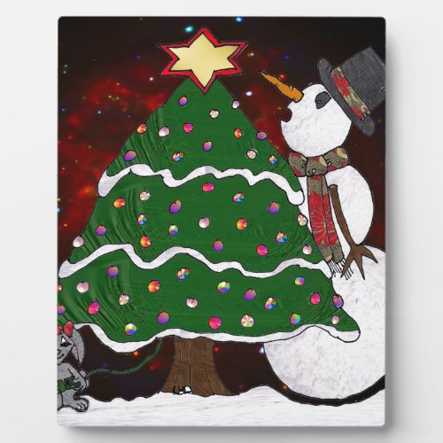 Christmas Tree Snowman Surprise Art Print Plaque