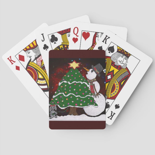 Christmas Tree Snowman Surprise Art Print Poker Cards (Back)