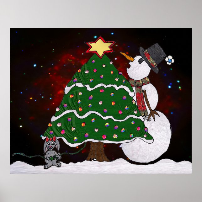 Christmas Tree Snowman Surprise Art Print Poster (Front)