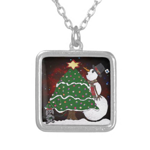 Christmas Tree Snowman Surprise Art Print Silver Plated Necklace