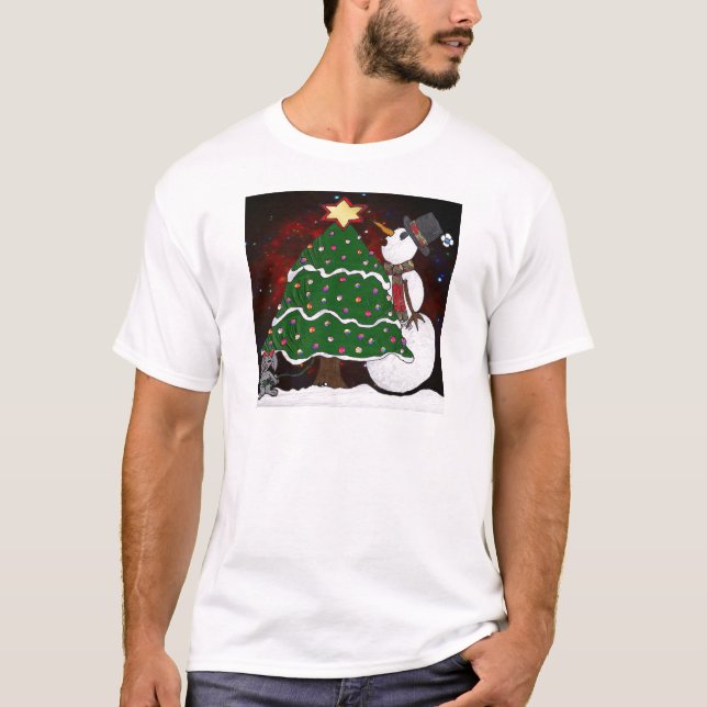 Christmas Tree Snowman Surprise Art Print T-Shirt (Front)