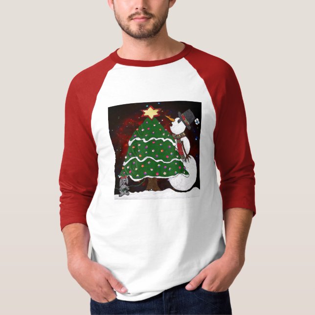 Christmas Tree Snowman Surprise Art Print T-Shirt (Front)