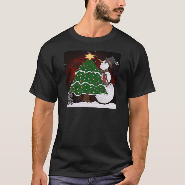 Christmas Tree Snowman Surprise Art Print T-Shirt (Front)