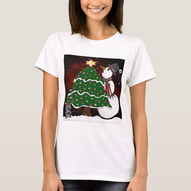 Christmas Tree Snowman Surprise Art Print T-Shirt (Front)