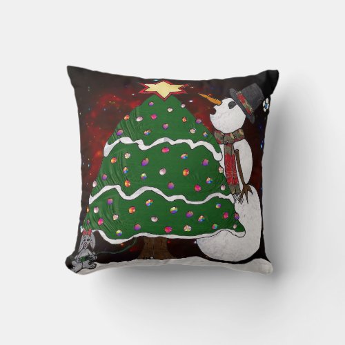 Christmas Tree Snowman Surprise Art Print Throw Pillow