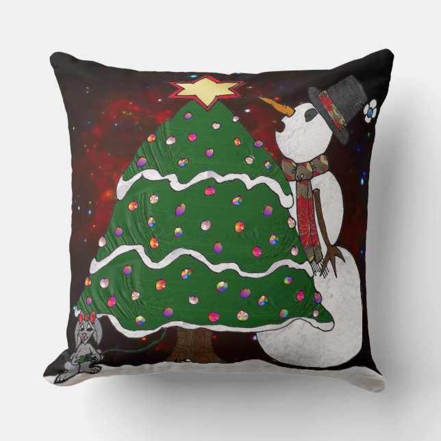 Christmas Tree Snowman Surprise Art Print Throw Pillow (Front)