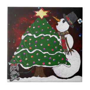 Christmas Tree Snowman Surprise Art Print Tile