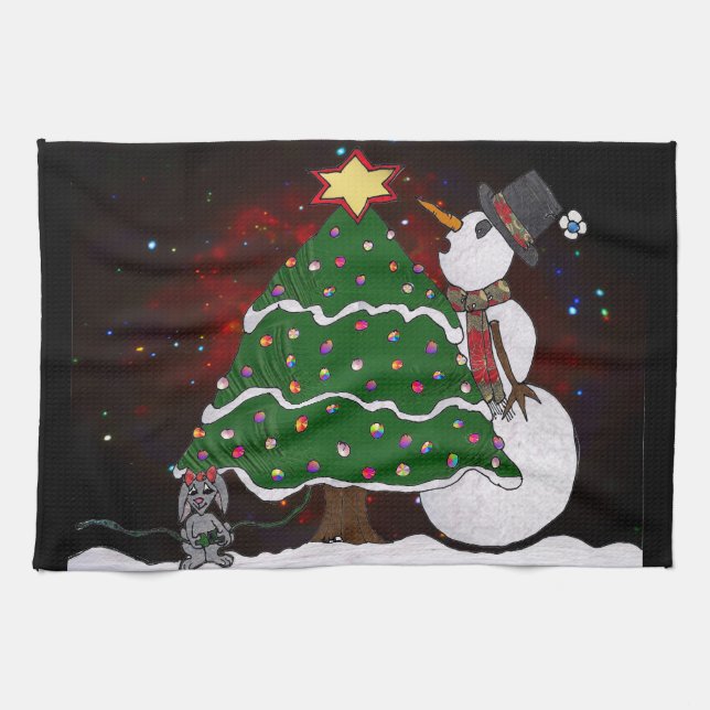 Christmas Tree Snowman Surprise Art Print Towel (Horizontal)
