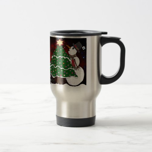 Christmas Tree Snowman Surprise Art Print Travel Mug