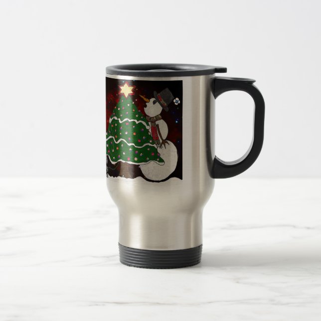 Christmas Tree Snowman Surprise Art Print Travel Mug (Right)