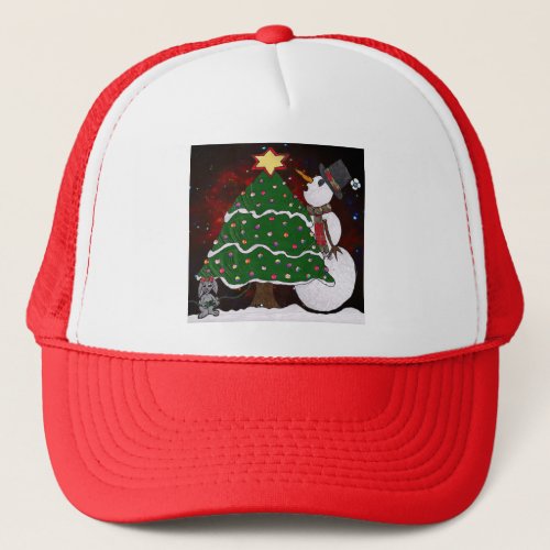 Christmas Tree Snowman Surprise Art Print Trucker Hat