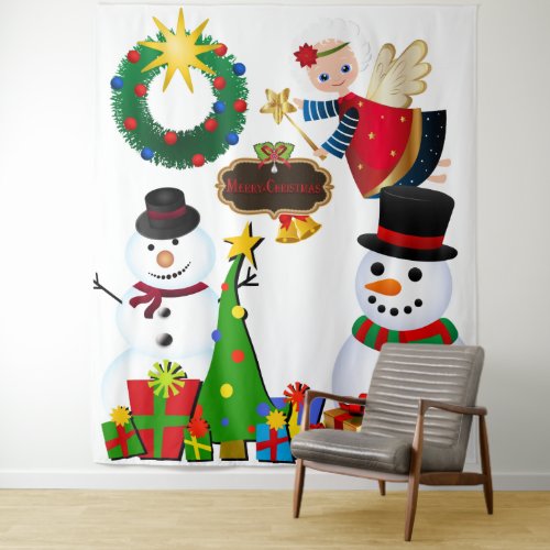 Christmas Tree Snowmen Angel Wreath Presents Tapestry