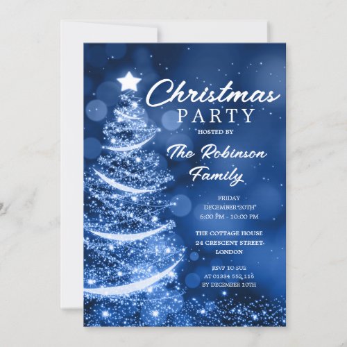 Christmas Tree Sparkle Blue Christmas Party Invitation