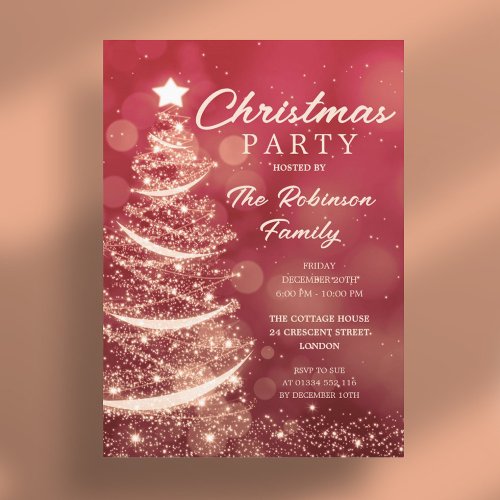 Christmas Tree Sparkle Red Gold Christmas Party Invitation