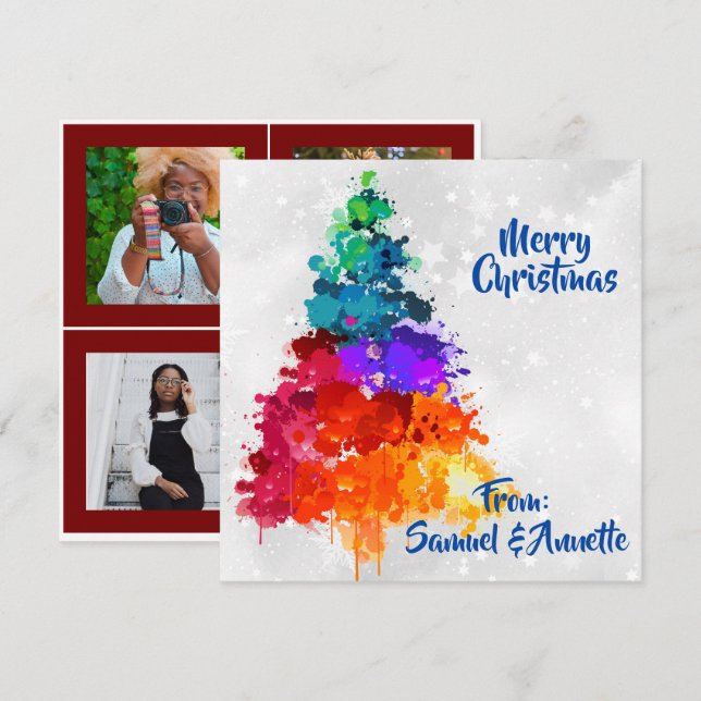 Christmas Tree, Splatter Paint, Photo Flat Holiday Card (Front/Back)