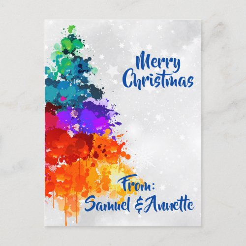 Christmas Tree Splatter Paint Primary Colors  Holiday Postcard