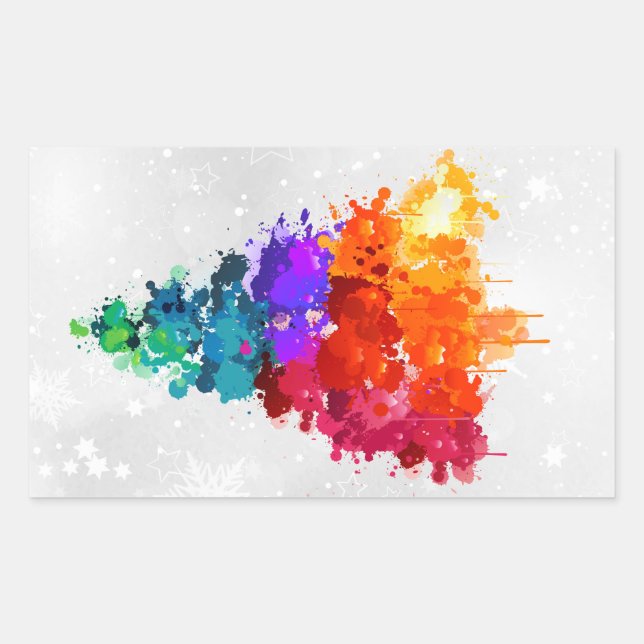 Christmas Tree, Splatter Paint, Primary Colors Rectangular Sticker (Front)