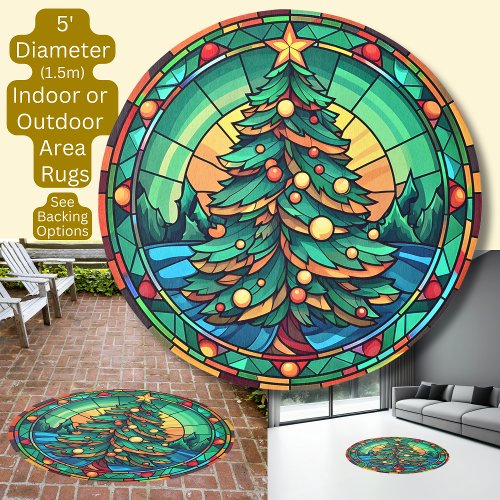 Christmas Tree Stained Glass Green Red Circle  Rug