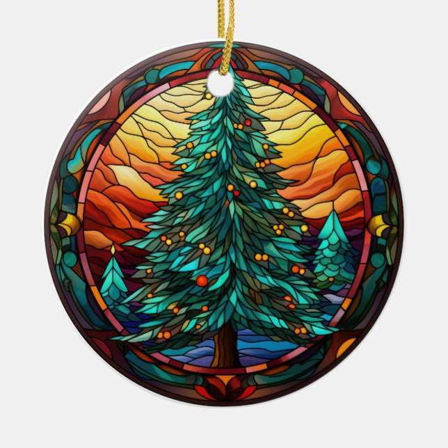 Christmas tree  stained glass style ceramic ornament (Front)