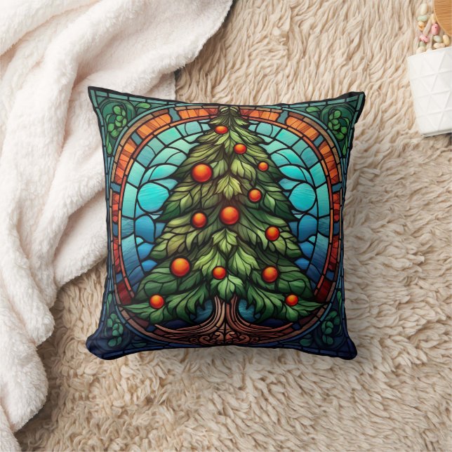 Christmas Tree Stained Glass Throw Pillow (Blanket)