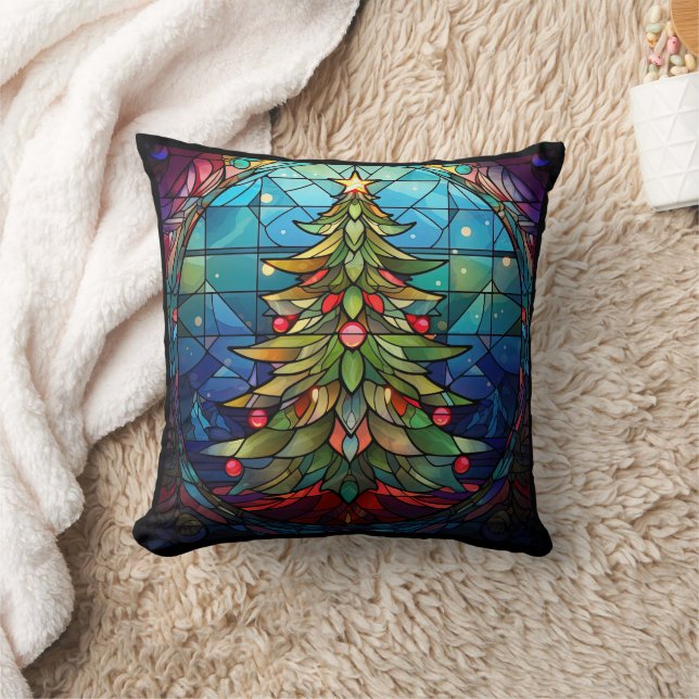 Christmas Tree Stained Glass Throw Pillow (Blanket)