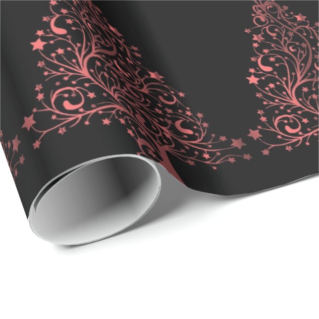 Christmas Tree Stars Black Metallic Red Look Wrapping Paper (Roll Corner)