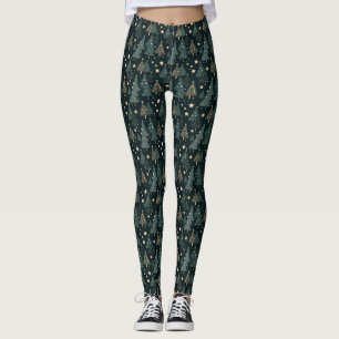 Christmas Tree Stars Gold Green Pattern Decor Leggings