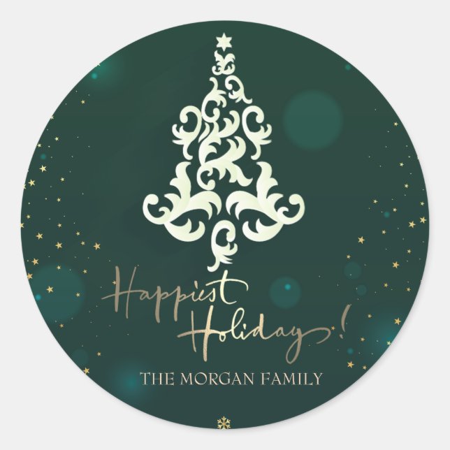 Christmas Tree,Stars,Green Happiest Holidays Classic Round Sticker (Front)