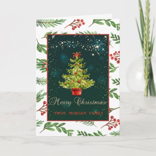 Christmas TreeStarsHolly BerryGreen Holiday Card